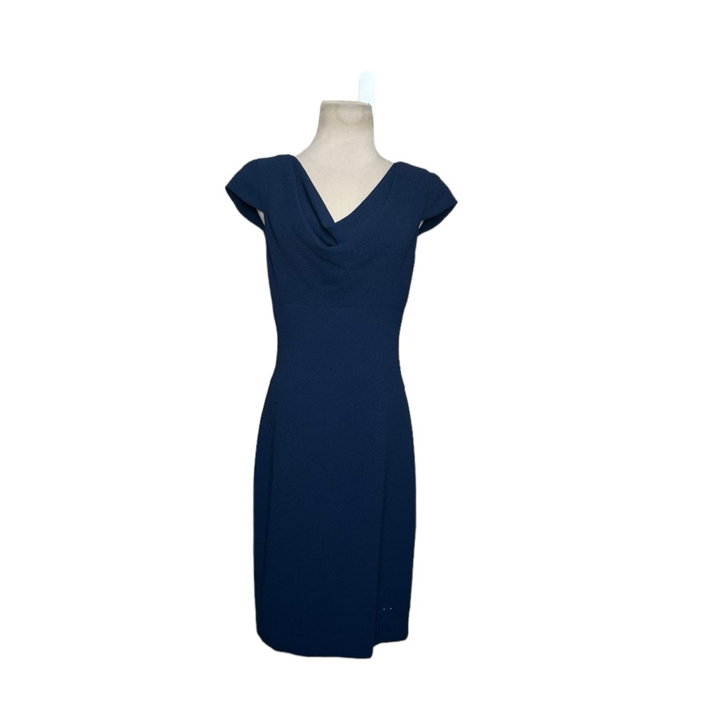 Black Halo blue cap sleeves cowl neck sheath dress size 6